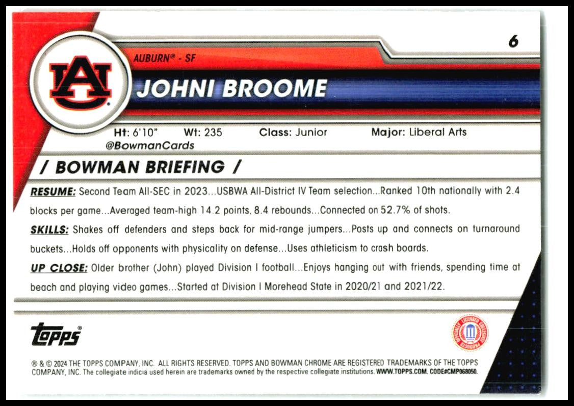 2023-24 Bowman University Chrome #6 Johni Broome Auburn Tigers