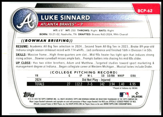 2025 Bowman Chrome Speckle #BP-62 Luke Sinnard Atlanta Braves