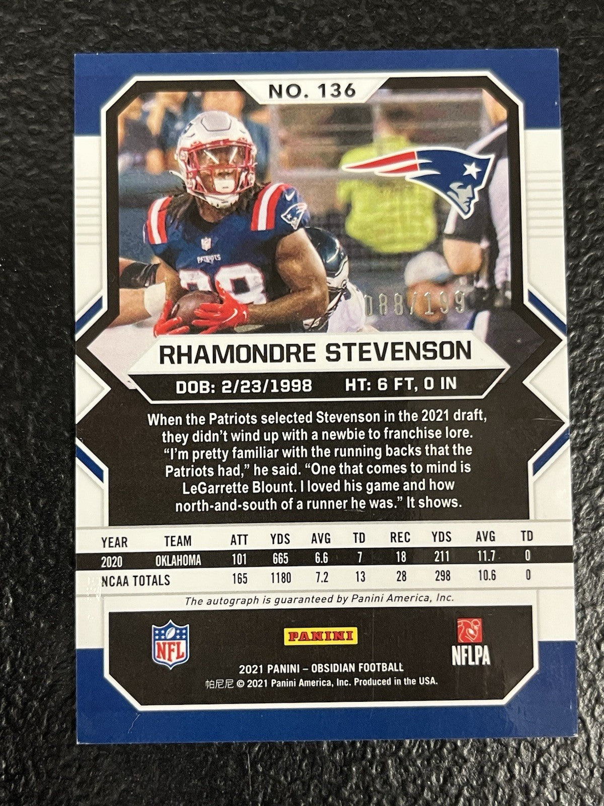 2021 Obsidian 136 Rhamondre Stevenson RC Auto /199 New England Patriots