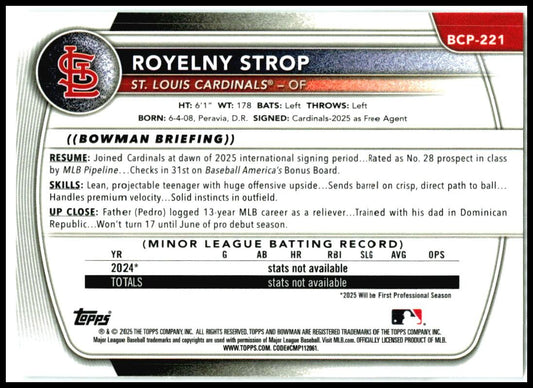 2025 Bowman Chrome #BCP-221 Royelny Strop St. Louis Cardinals
