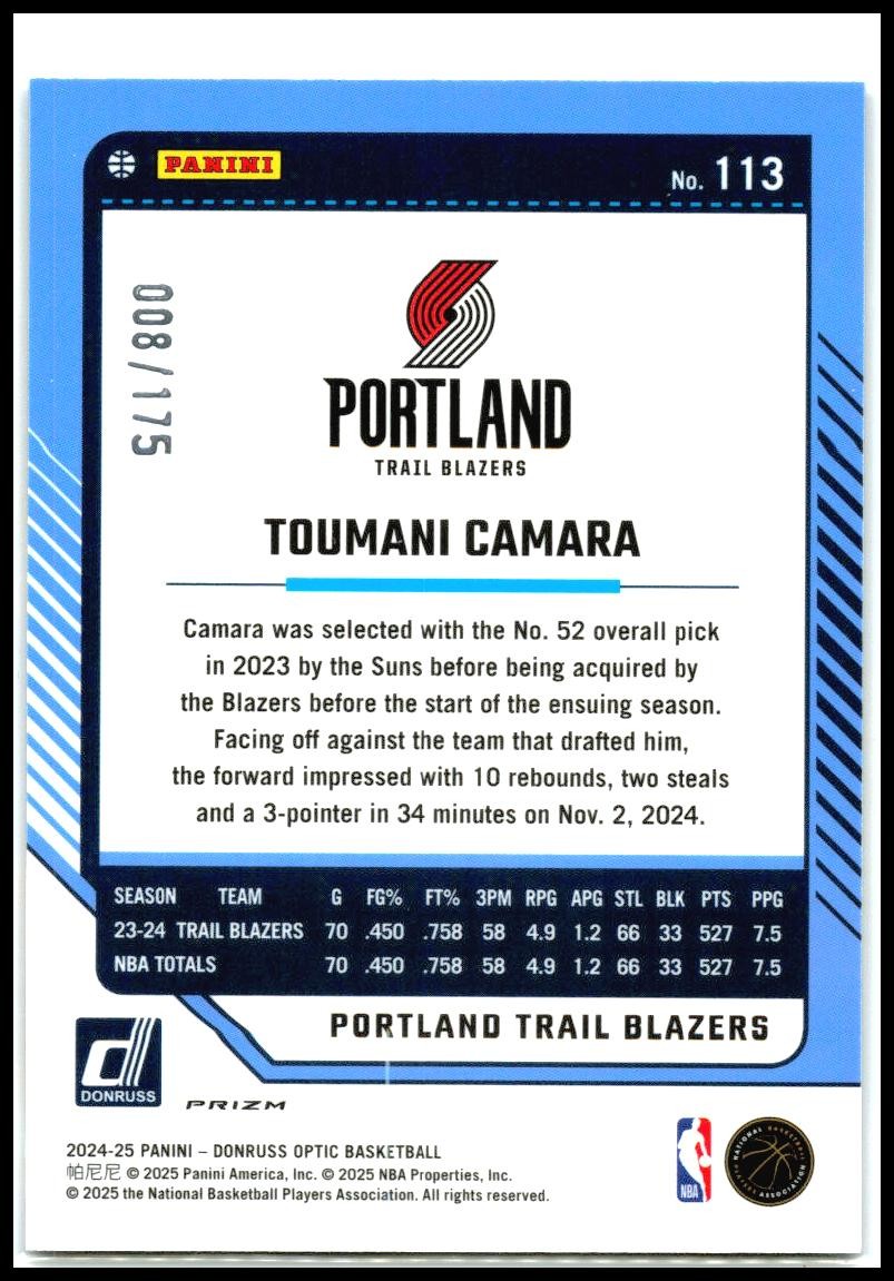 2024-25 Donruss Optic Hyper Blue #113 Toumani Camara Portland