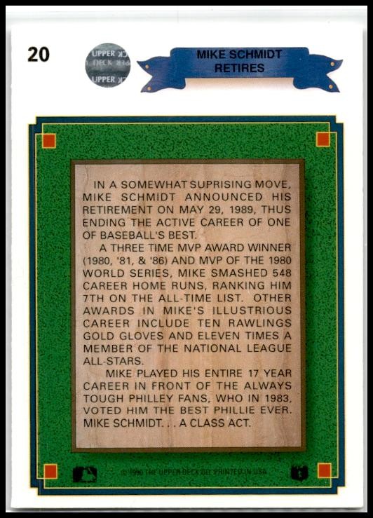 1990 Upper Deck #20 Mike Schmidt Philadelphia Phillies