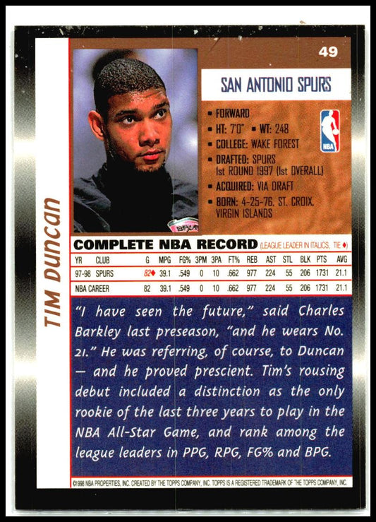 1998-99 Topps #49 Tim Duncan San Antonio Spurs