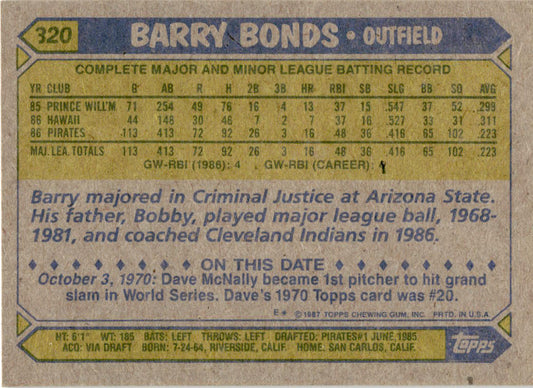 1987 Topps #320 Barry Bonds Rookie