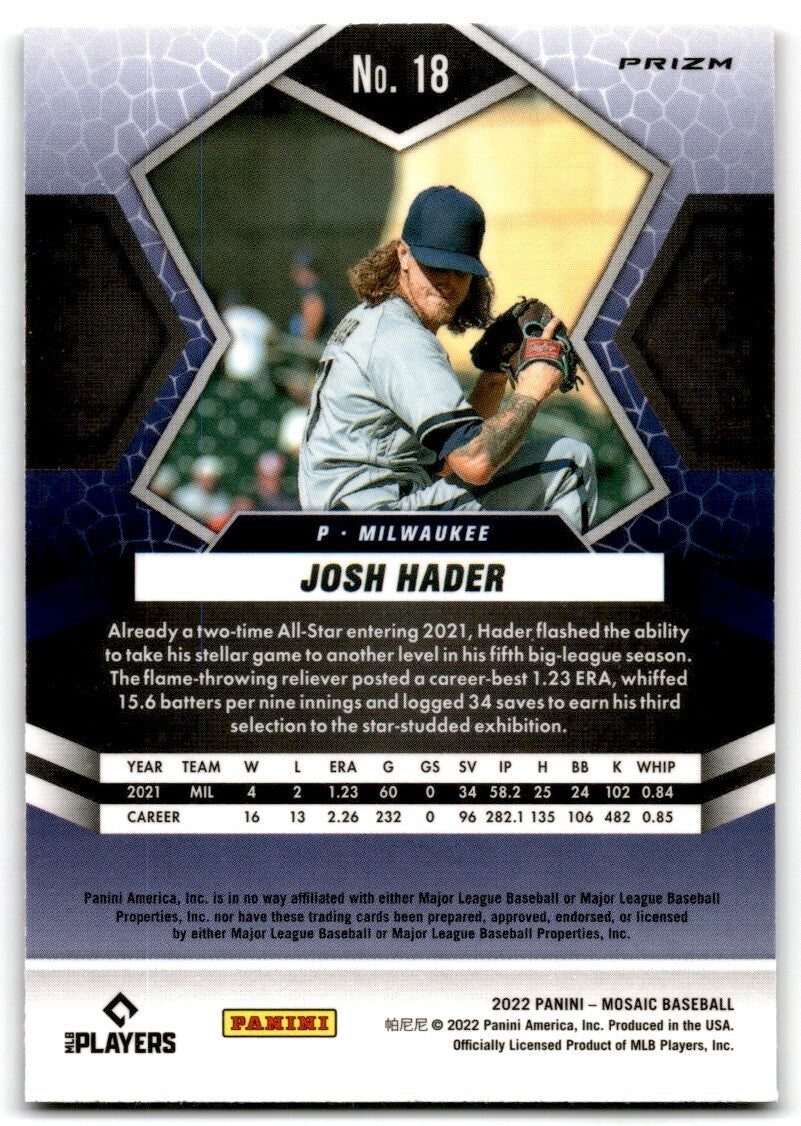 2022 Panini Mosaic Pink Josh Hader Milwaukee Brewers #18