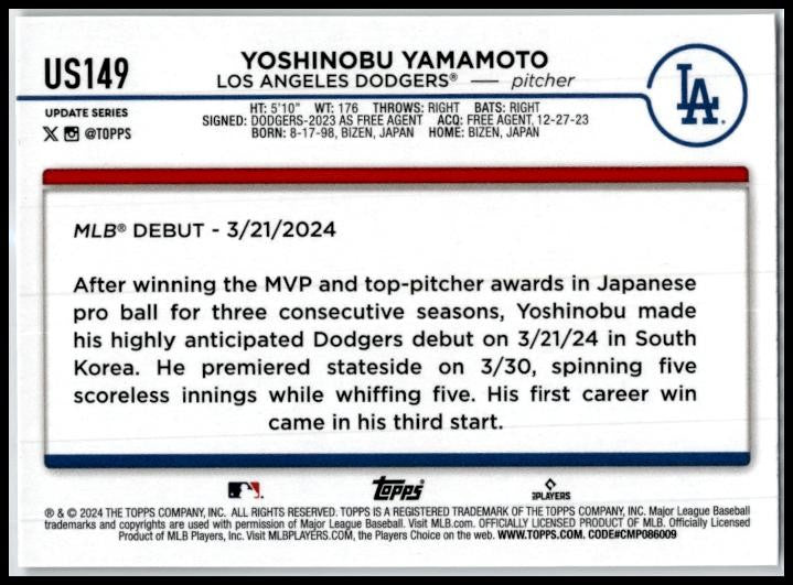 2024 Topps Update #US149 Yoshinobu Yamamoto Los Angeles Dodgers