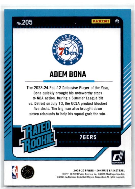 2024-25 Donruss #205 Adem Bona Rookie Philadelphia 76ers