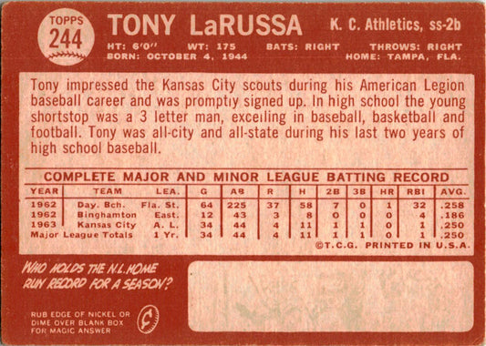 1964 Topps #244 Tony La Russa Rookie Kansas City Athletics