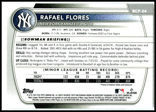 2025 Bowman Chrome Prospects #BCP-34 Rafael Flores New York Yankees