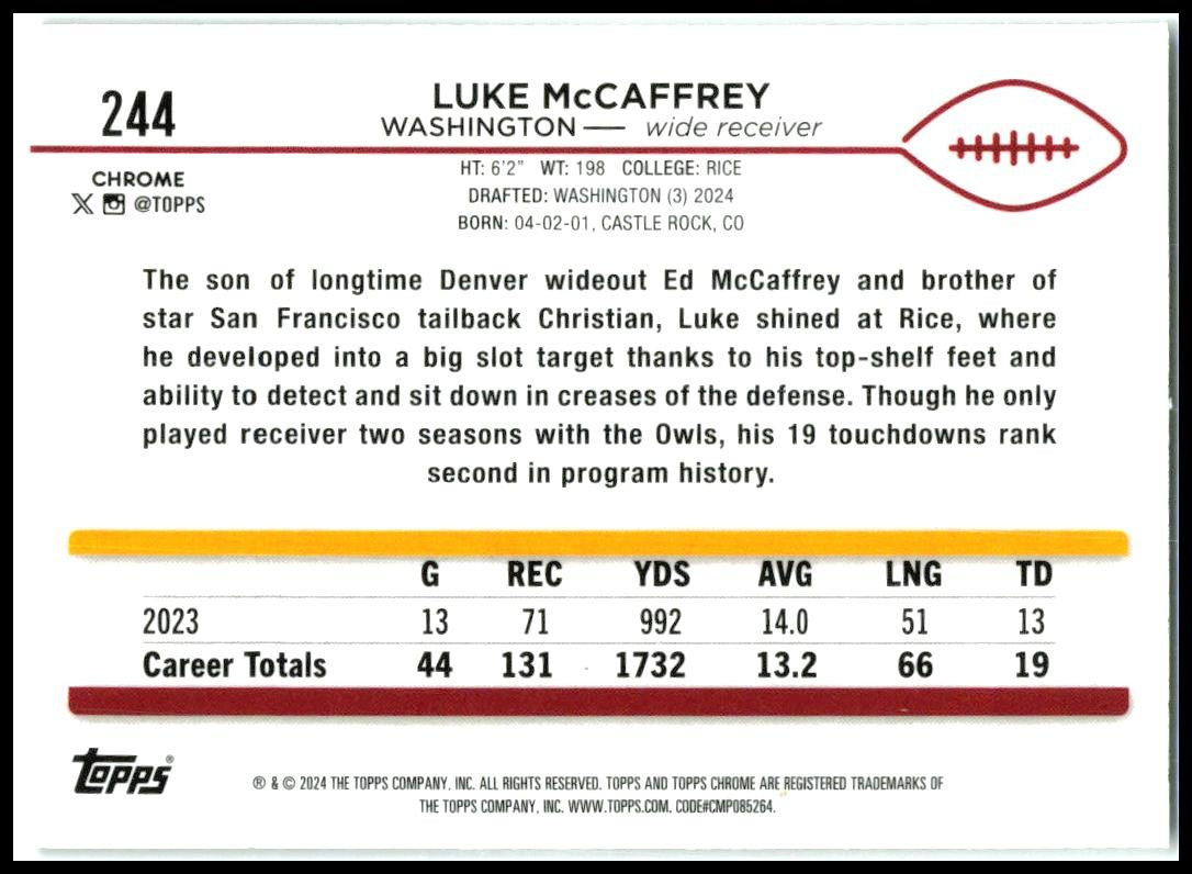 2024 Topps Chrome #244 Luke McCaffrey Rookie Washington Commanders