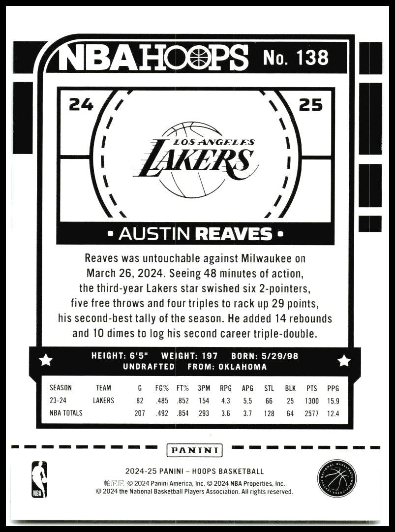 2024-25 Hoops #138 Austin Reaves Los Angeles Lakers