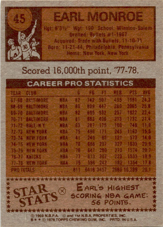 1978-79 Topps #45 Earl Monroe New York Knicks