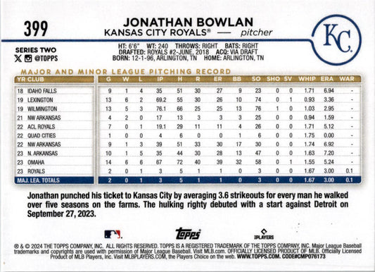 2024 Topps #399 Jonathan Bowlan Rookie Kansas City Royals
