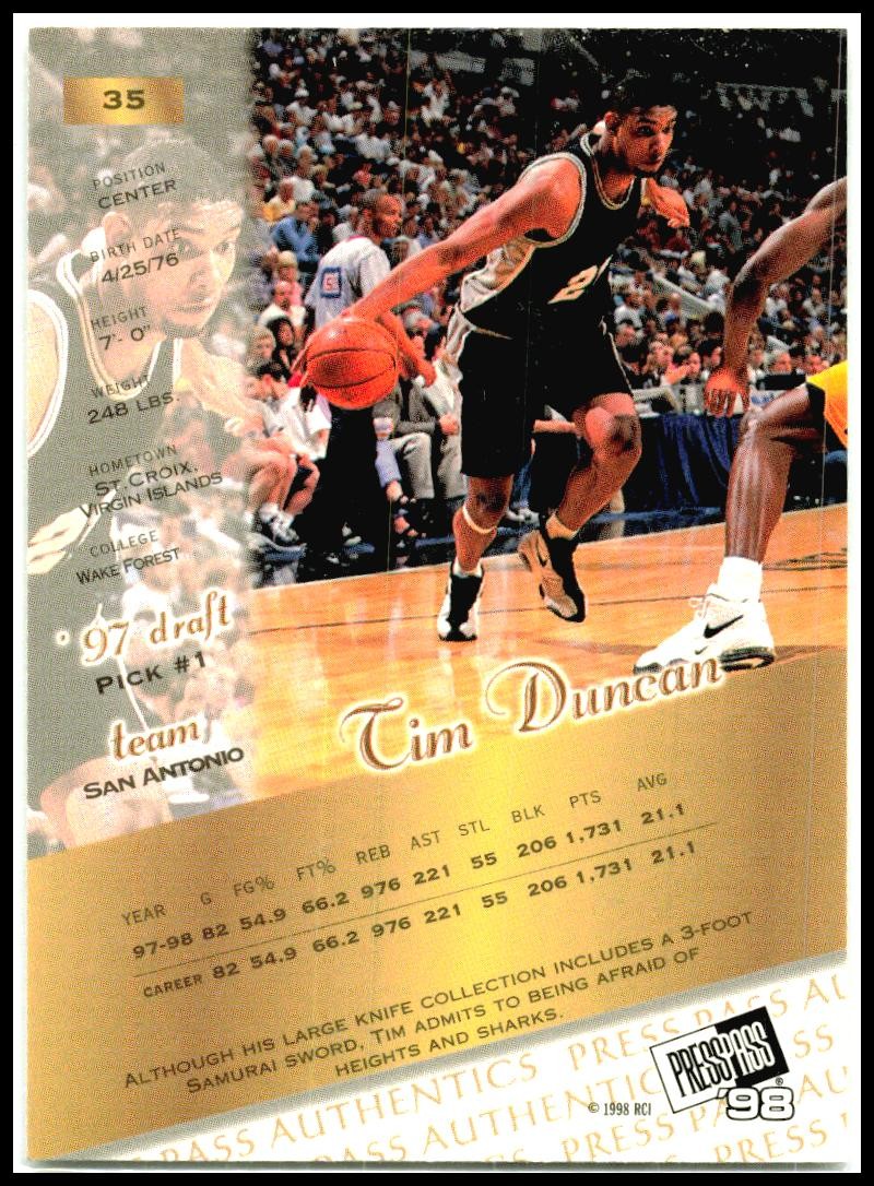1998 Press Pass Authentics #35 Tim Duncan Wake Forest Demon Deacons