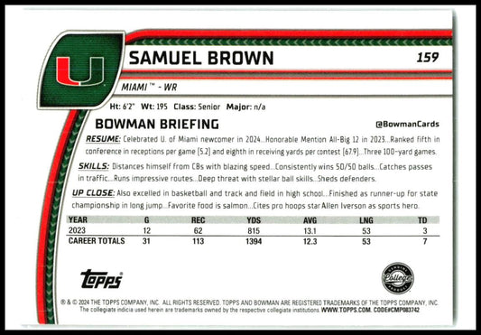 2024 Bowman University Chrome Purple Refractor #159 Samuel Brown Miami