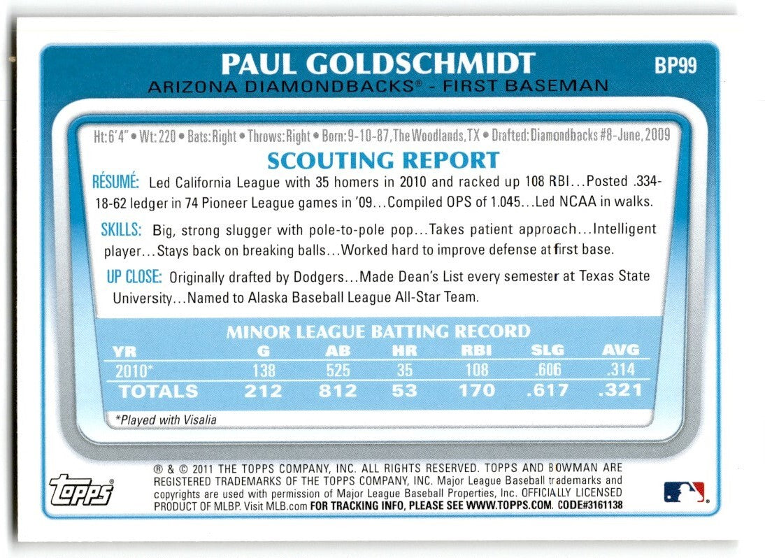 2011 Bowman Prospects Paul Goldschmidt Rookie Arizona Diamondbacks #BP99