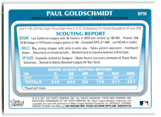 2011 Bowman Prospects Paul Goldschmidt Rookie Arizona Diamondbacks #BP99