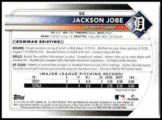 2025 Bowman #50 Jackson Jobe Rookie Detroit Tigers