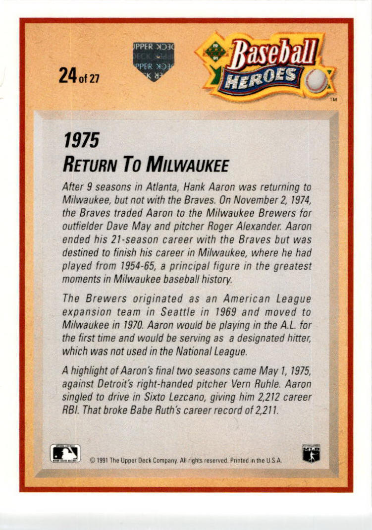 1991 Upper Deck Baseball Heroes: Hank Aaron #24 Hank Aaron Milwaukee Brewers