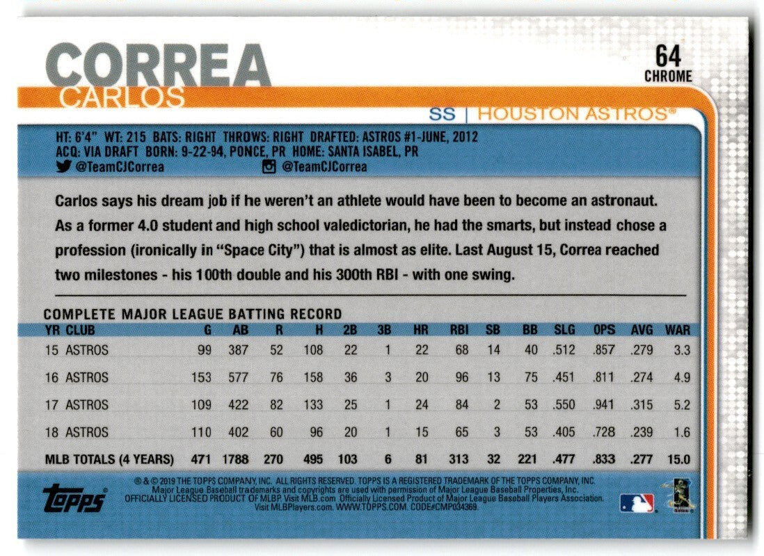 2019 Topps Chrome Prism Refractor Carlos Correa Houston Astros #64