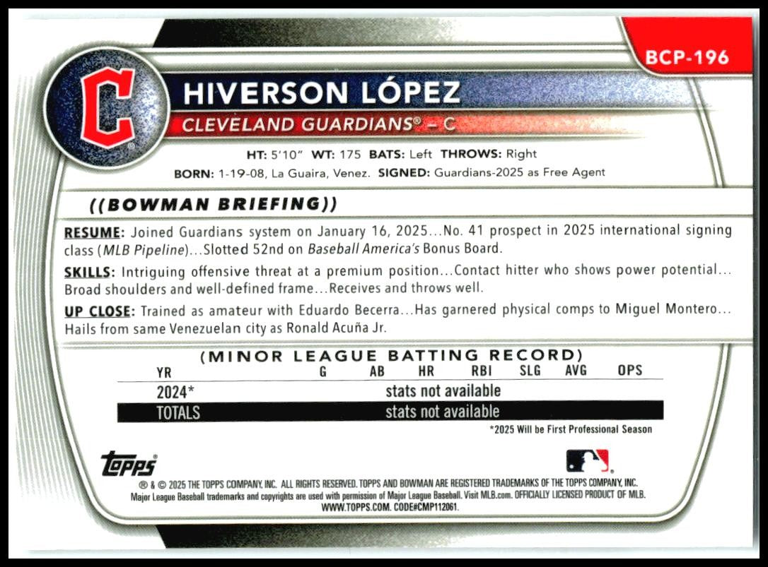 2025 Bowman Chrome # Hiverson Lopez Cleveland