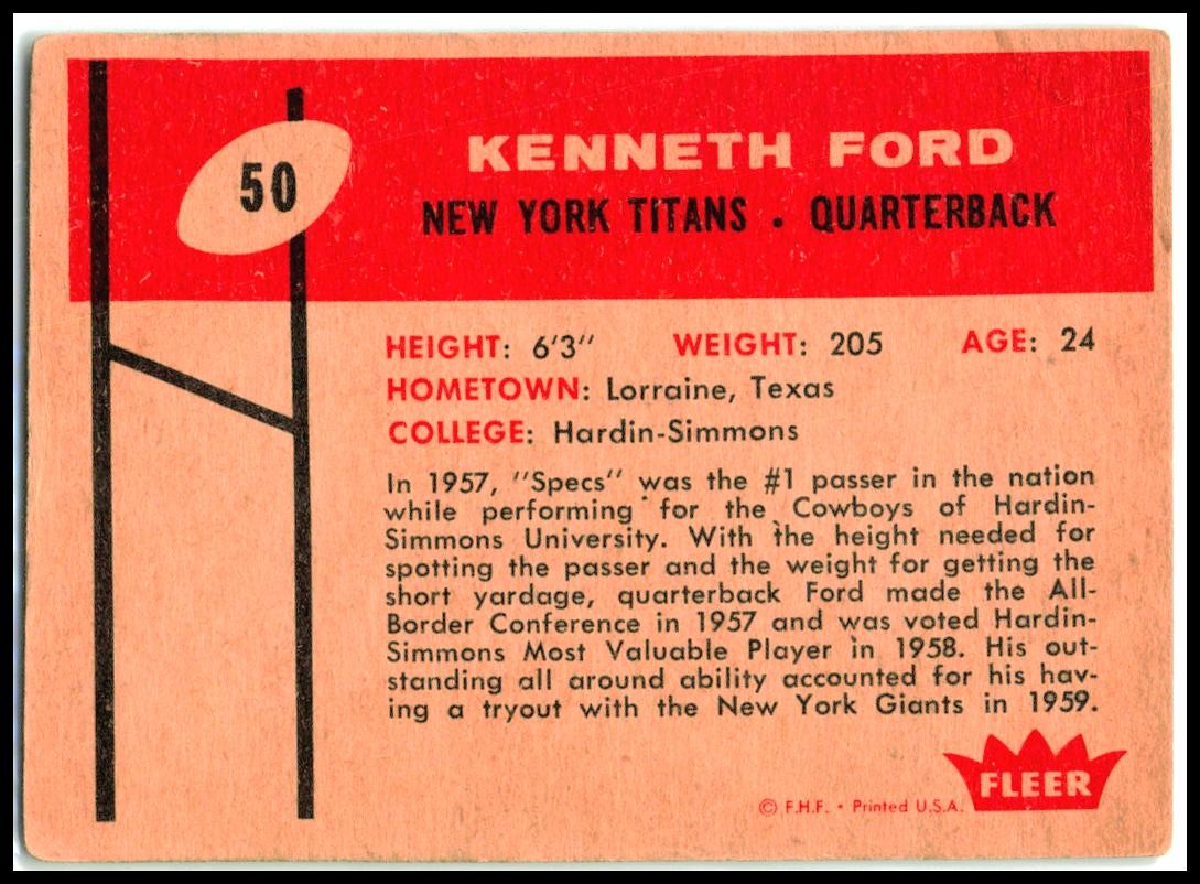 1960 Fleer #50 Kenneth Ford Rookie New York Titans