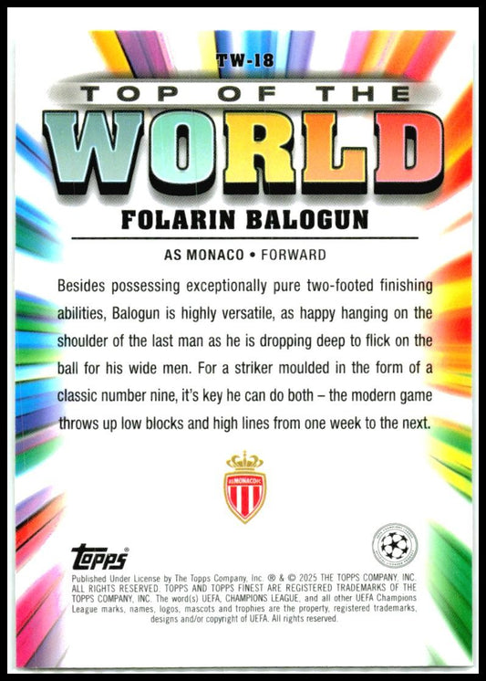 2024-25 Topps Finest Uefa Club Top of the World #TW-18 Folarin Balogun