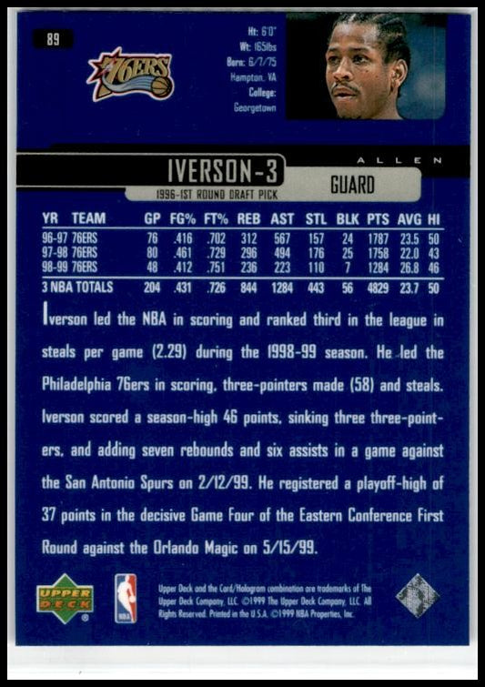 1999-00 Upper Deck #89 Allen Iverson Philadelphia 76ers