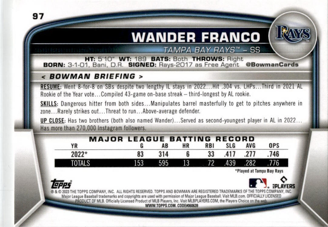 2023 Bowman #97 Wander Franco Tampa Bay Rays