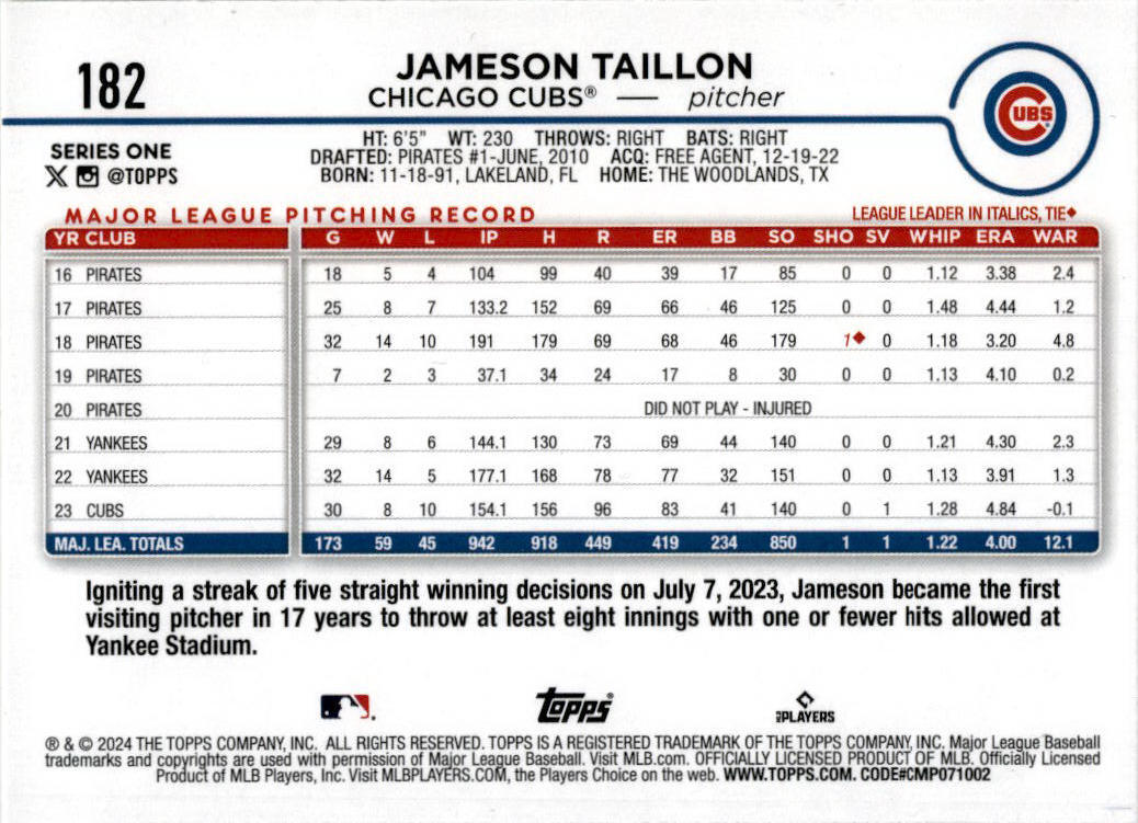 2024 Topps Gold Foil #182 Jameson Taillon