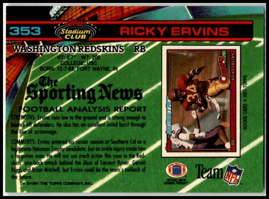 1991 Stadium Club #353 Ricky Ervins Rookie Washington Redskins