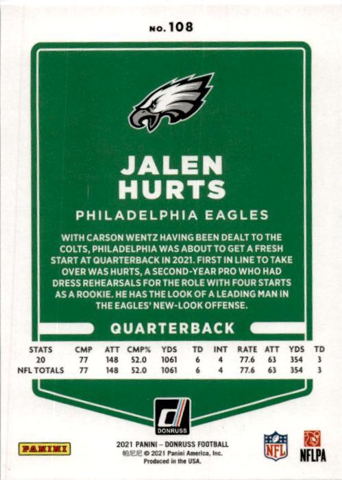 2021 Donruss Photo Variation No Helmet #108 Jalen Hurts Philadelphia Eagles
