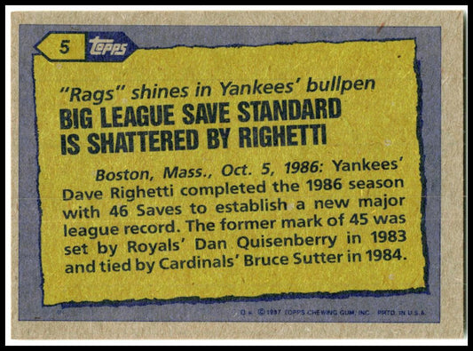 1987 Topps #5 Dave Righetti New York Yankees