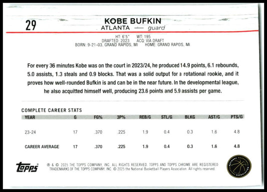 2024-25 Topps Chrome Blue Basketball Refractor #29 Kobe Bufkin Atlanta Hawks
