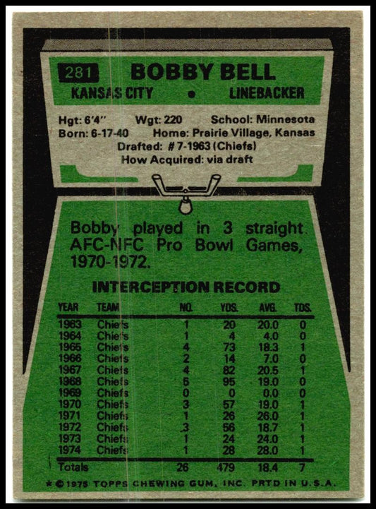 1975 Topps #281 Bobby Bell Kansas City Chiefs