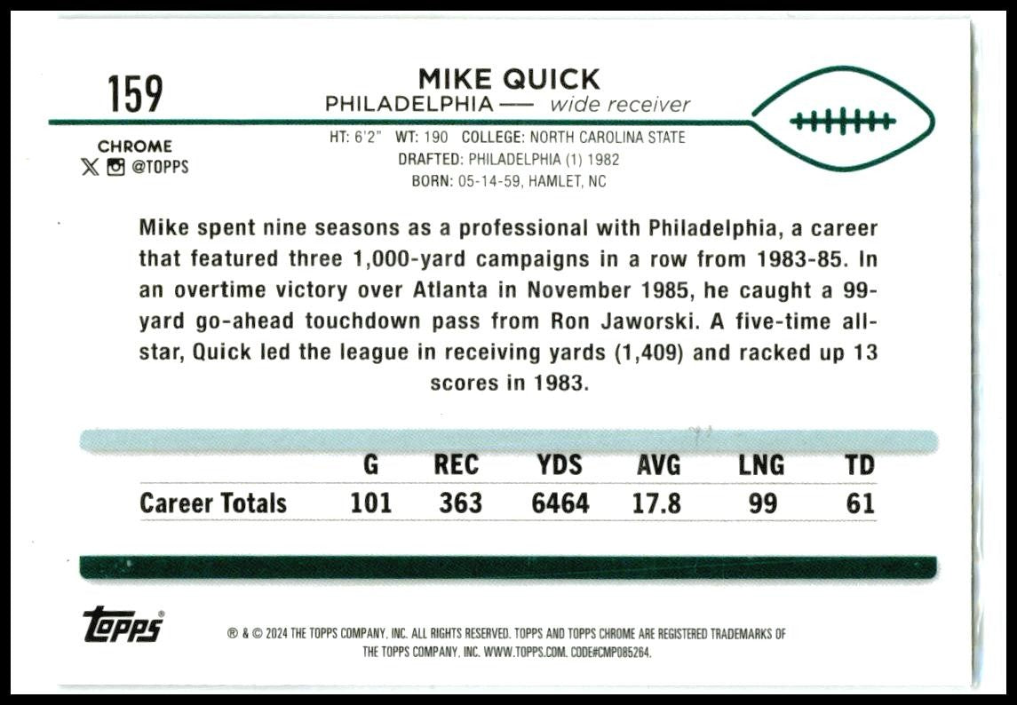 2024 Topps Chrome Sepia Refractor #159 Mike Quick Philadelphia Eagles