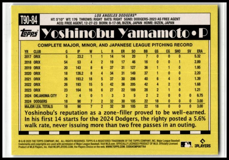 2025 Topps 1990 Topps 35th Anniversary #T90-84 Yoshinobu Yamamoto Dodgers