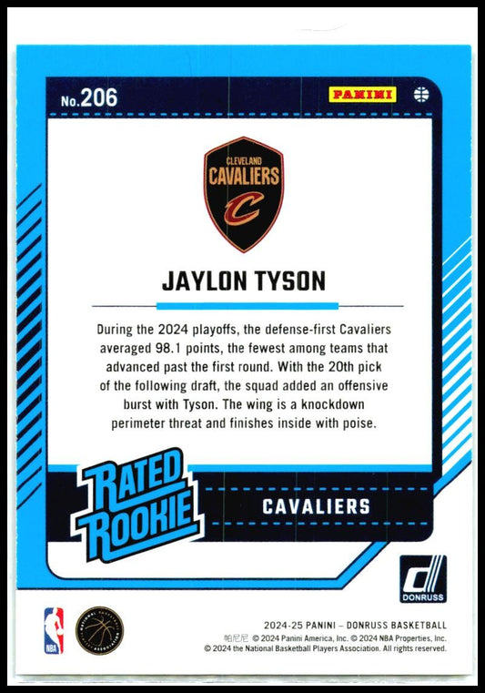 2024-25 Donruss Holo Green Laser #206 Jaylon Tyson Rookie Cleveland Cavaliers