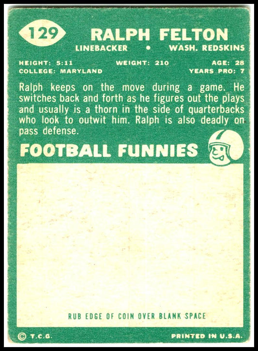 1960 Topps #129 Ralph Felton Rookie Washington Redskins