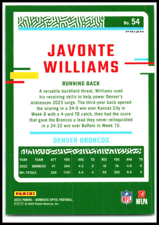 2023 Donruss Optic Holo #54 Javonte Williams Denver Broncos