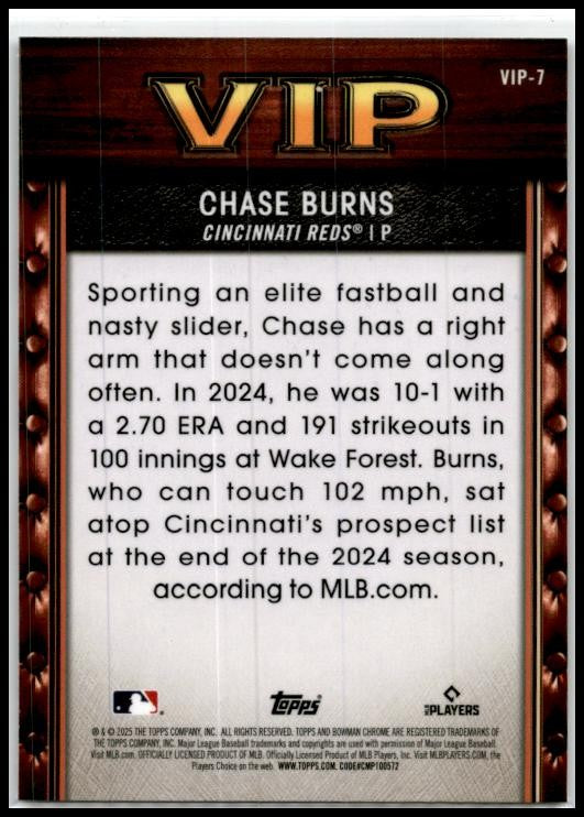 2025 Bowman Very Important Prospects #VIP-7 Chase Burns Cincinnati Reds
