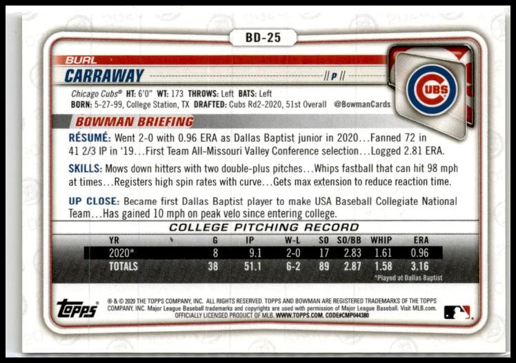 2020 Bowman 1st Edition Yellow /75 #BD-25 Burl Carraway Chicago Cubs