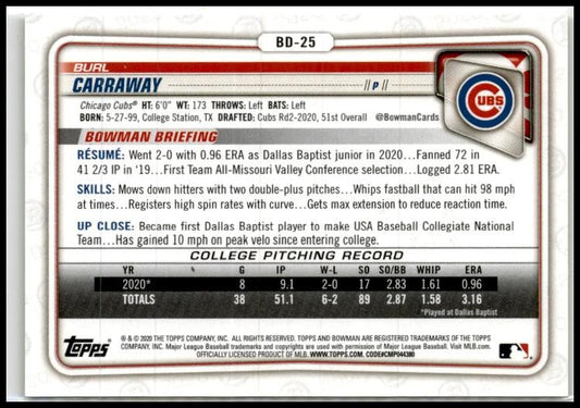 2020 Bowman 1st Edition Yellow /75 #BD-25 Burl Carraway Chicago Cubs