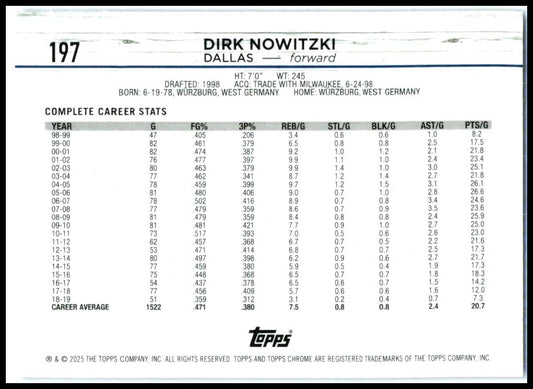 2024-25 Topps Chrome Purple Refractor #197 Dirk Nowitzki Dallas Mavericks