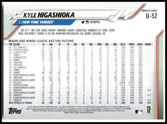 2020 Topps Update #U-52 Kyle Higashioka New York Yankees