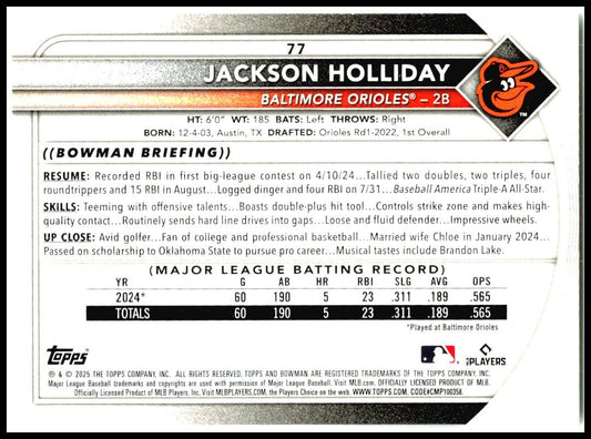 2025 Bowman #77 Jackson Holliday Baltimore Orioles