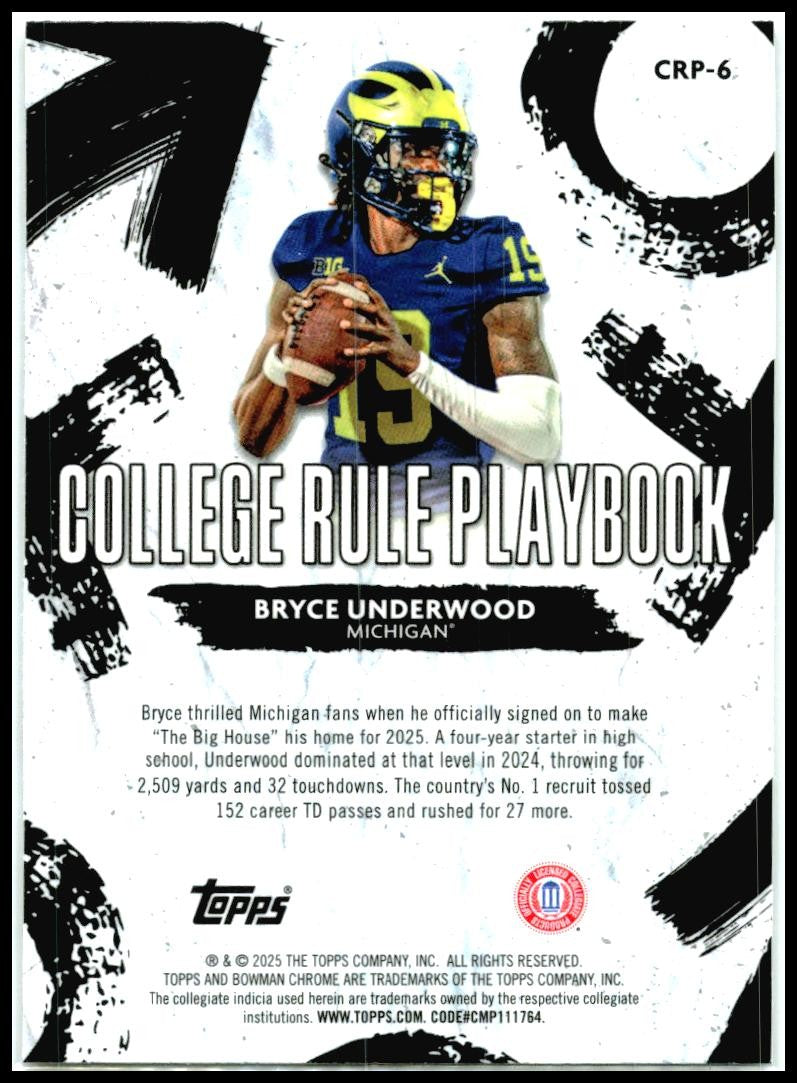 2025 Bowman Chrome University College Rule Playbook #CRP-6 Bryce Underwood
