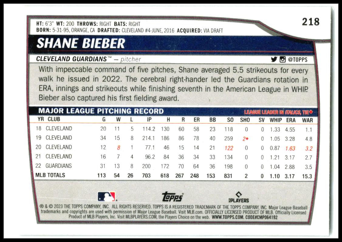 2023 Topps Big League #218 Shane Bieber Cleveland Guardians