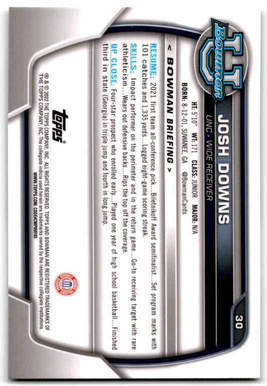 2022 bowman chrome university Josh Downs North Carolina Tar Heels #30