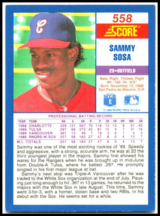 1990 Score #558 Sammy Sosa Rookie Chicago White Sox